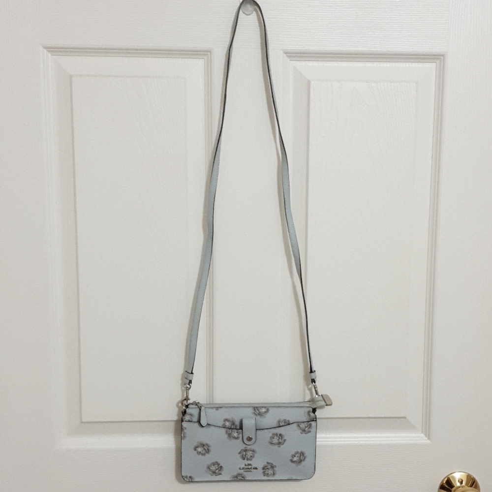 Coach Dinky Glitter Rose Print Sky/Silver Leather